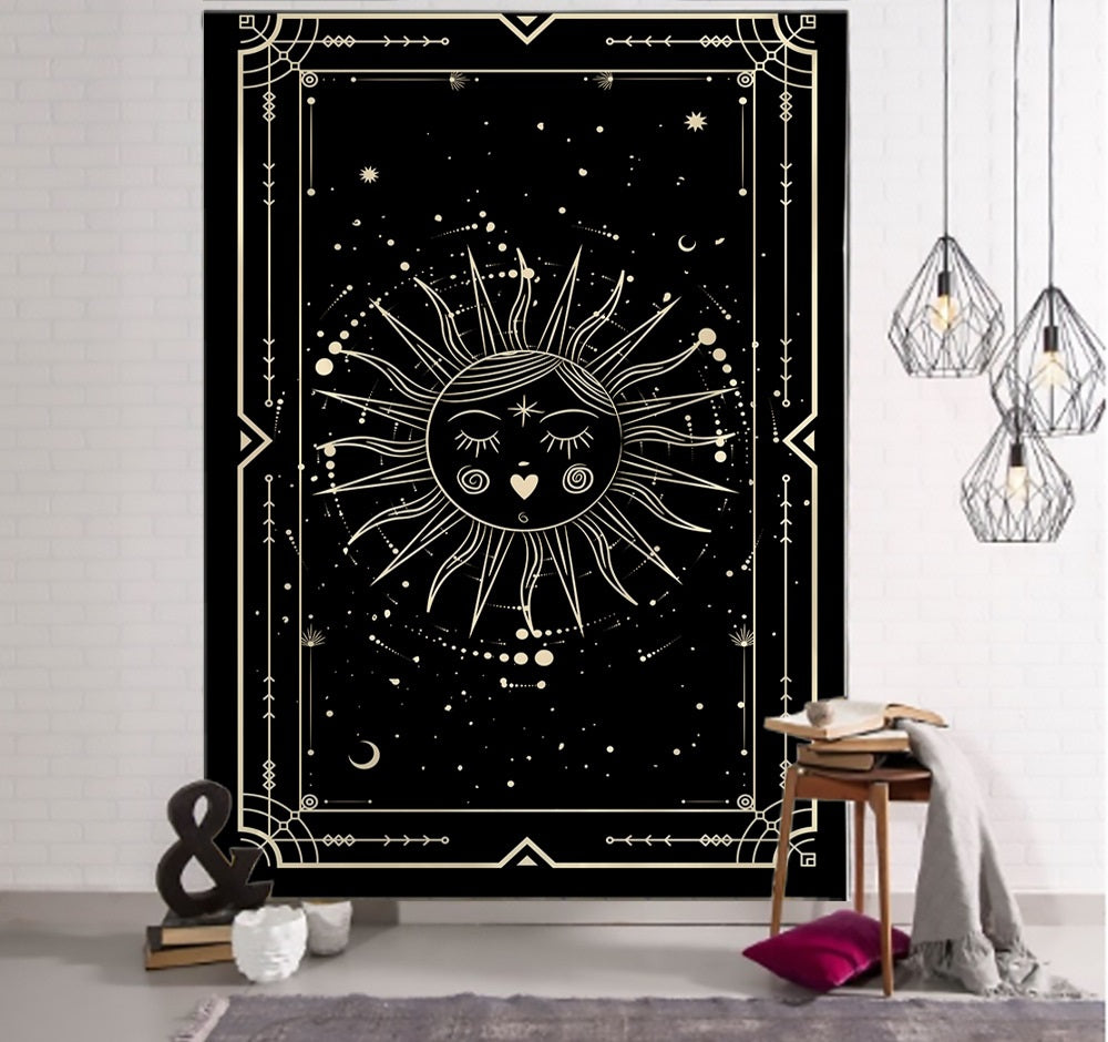 Witchcraft Tarot Tapestry Wall Hanging Black Khaki Sun Moon Star Universe Geometric Pattern Dorm Home