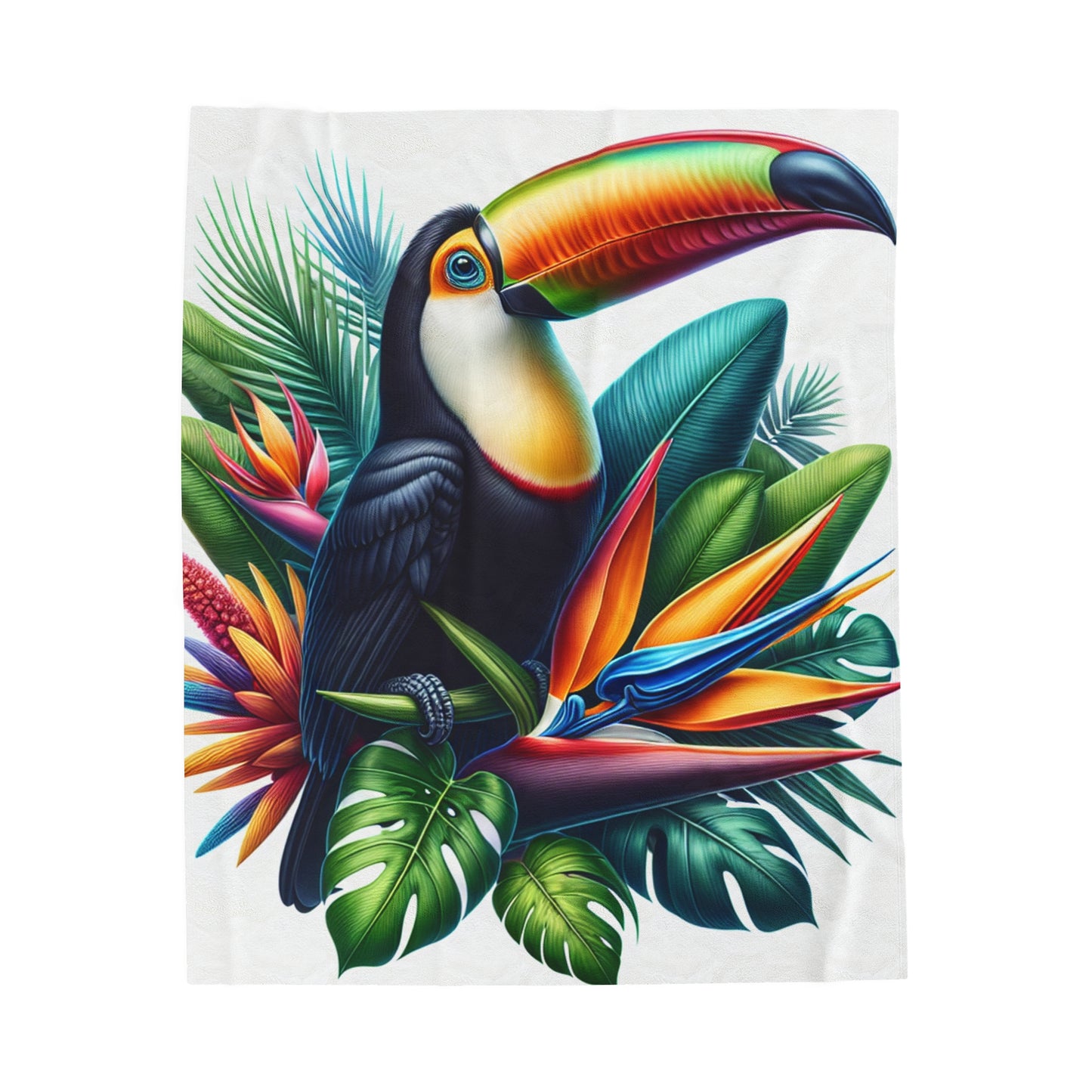 "Toucan sur une fleur tropicale" - La couverture en peluche Alien Velveteen style hyperréaliste