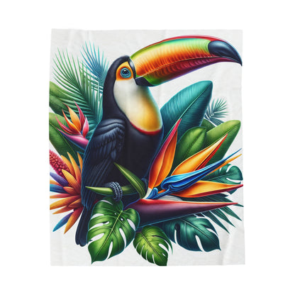 "Toucan sur une fleur tropicale" - La couverture en peluche Alien Velveteen style hyperréaliste