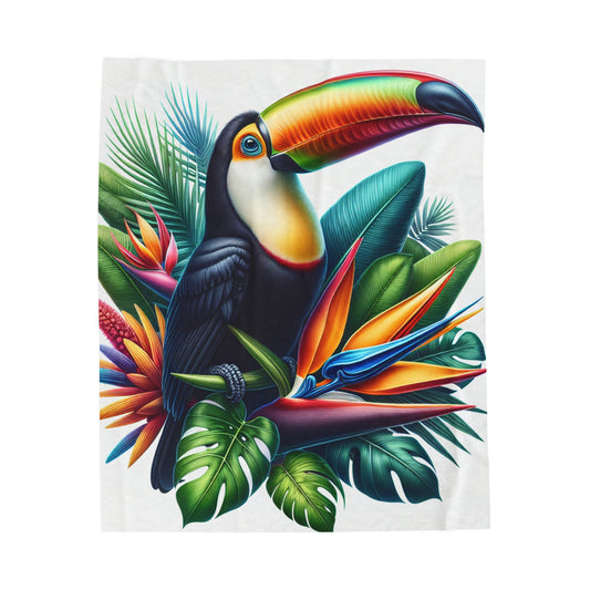 "Toucan on a Tropical Bloom" - The Alien Velveteen Plush Blanket Hyperrealism Style