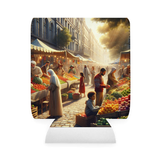 "Sunny Vibes at the Outdoor Market" - The Alien Can Cooler Sleeve Realism Style