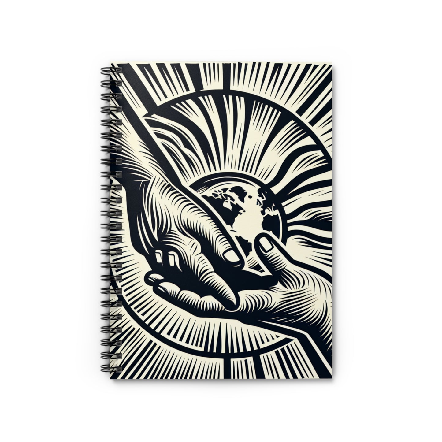 "Uniting Hands, Uniting Nations" - Le carnet à spirale Alien (ligne lignée) Style d'impression de gravure sur bois