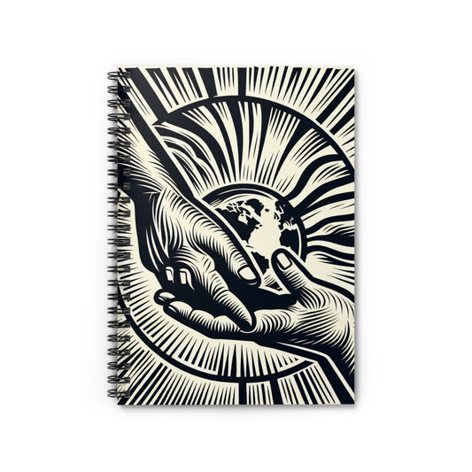 "Uniting Hands, Uniting Nations" - The Alien Spiral Notebook (Ruled Line) Woodcut Printing Style