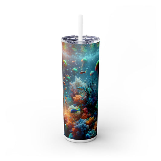 "Neon Fish Dance in Coral Forest" - The Alien Maars® Skinny Tumbler with Straw 20oz