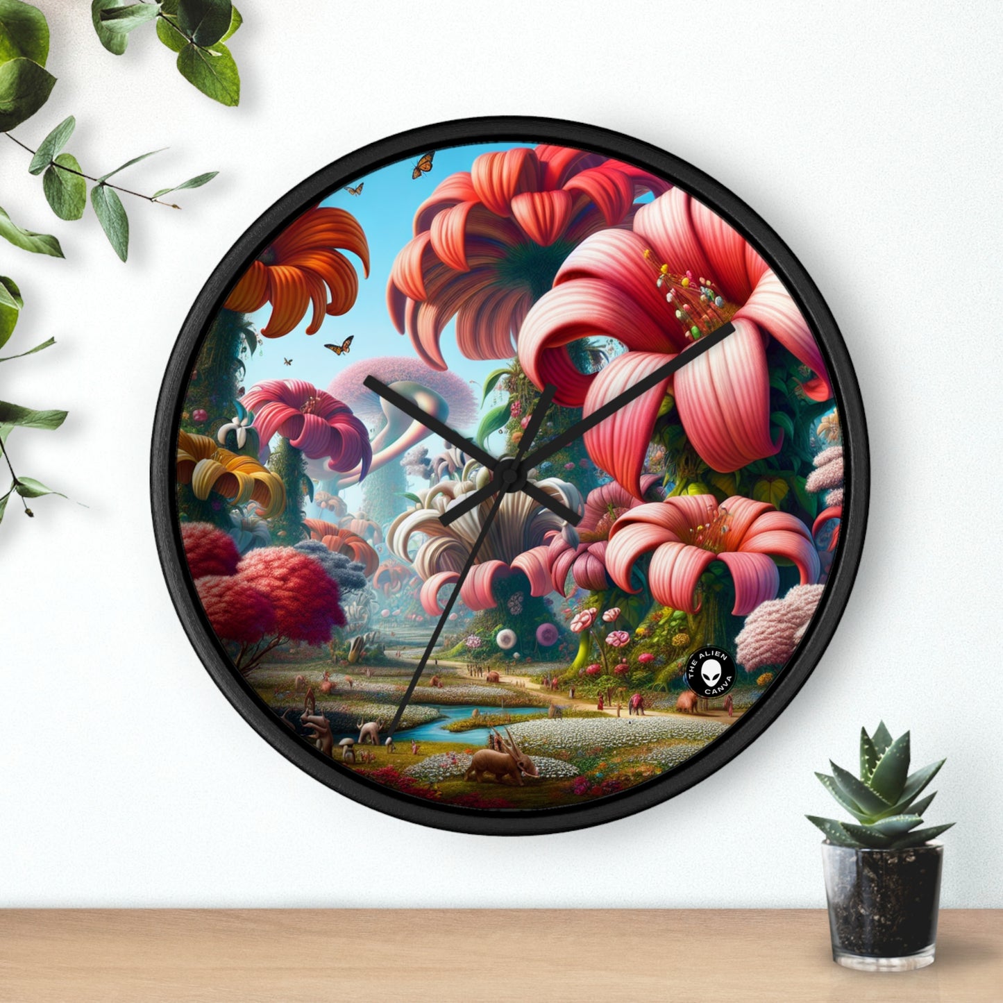 "Jardín de fantasía: grandes flores y pequeñas criaturas" - El reloj de pared alienígena