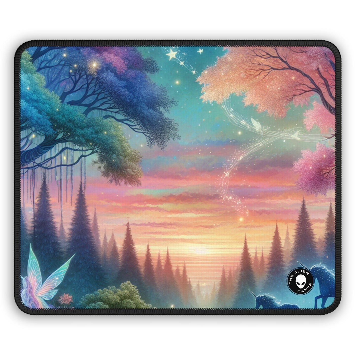 « Crépuscule enchanté : une peinture de forêt magique » - Le tapis de souris de jeu Alien