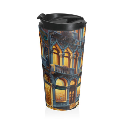 "Noche veneciana: una escena callejera luminosa" - Taza de viaje de acero inoxidable The Alien Venetian School