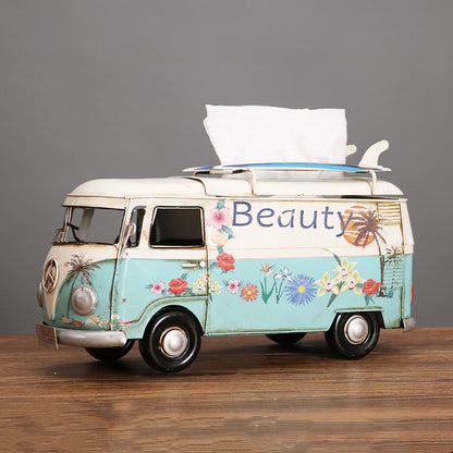 Multicolor Flower Bus Model Figurines Retro Car Tissue Box Home Decoration Ornaments Crafts