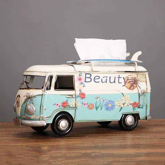 Figuras de modelo de autobús de flores multicolores, caja de pañuelos de coche Retro, adornos para decoración del hogar, manualidades