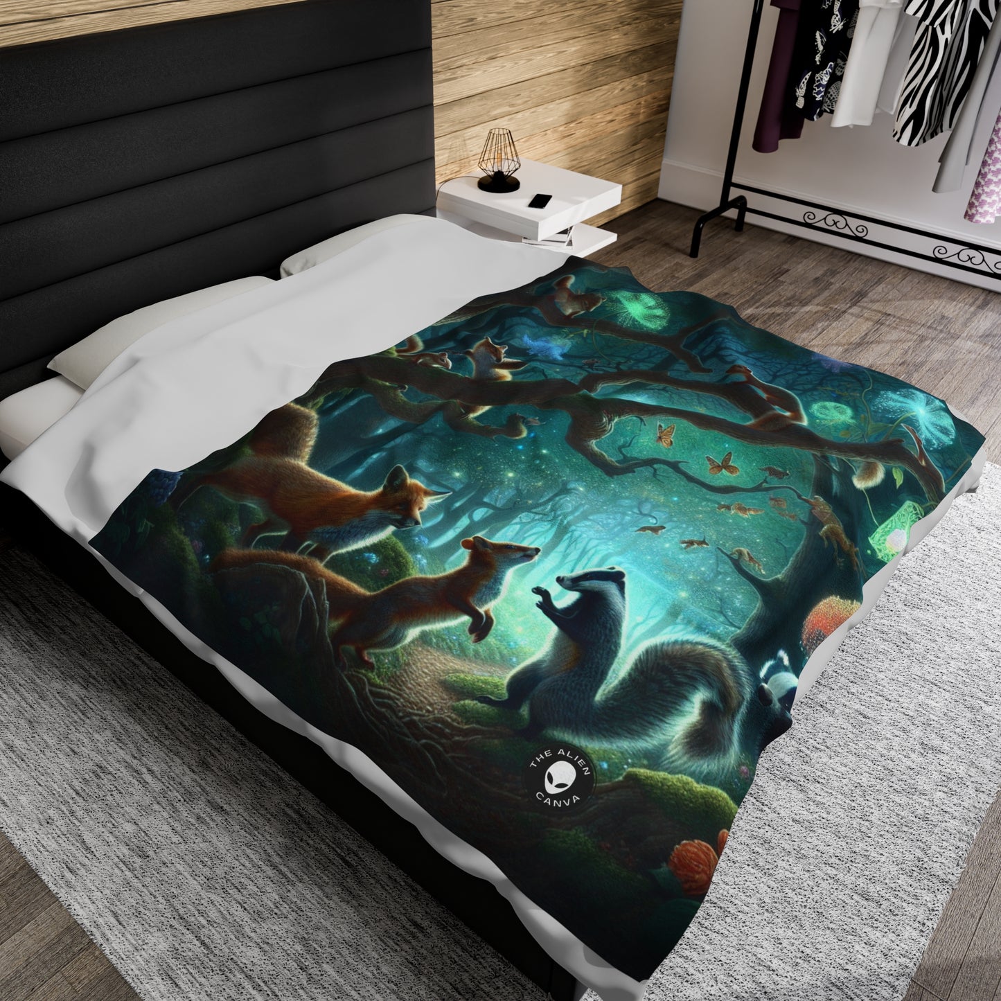 "Mystical Menagerie: Creatures frolicking in an enchanted forest" - The Alien Velveteen Plush Blanket