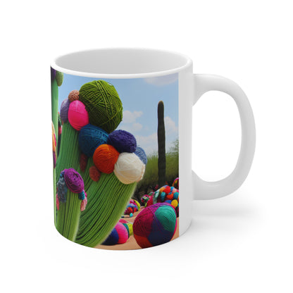 "Cactus rellenos de hilo en el cielo" - Taza de cerámica alienígena Estilo bombardeo de hilo de 11 oz (arte de fibra)