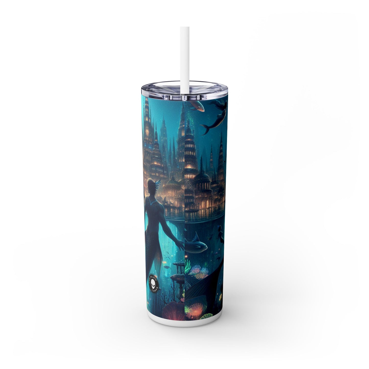 "Atlántida iluminada: una ciudad de criaturas marinas místicas" - Vaso delgado con pajita de 20 oz de Alien Maars®