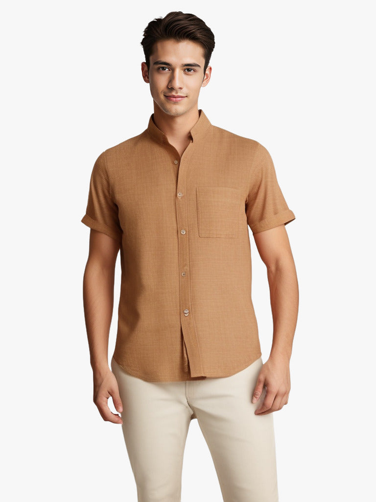 Camisa de solapa de manga corta de color sólido, transpirable, de algodón y lino, para verano, ropa para hombre