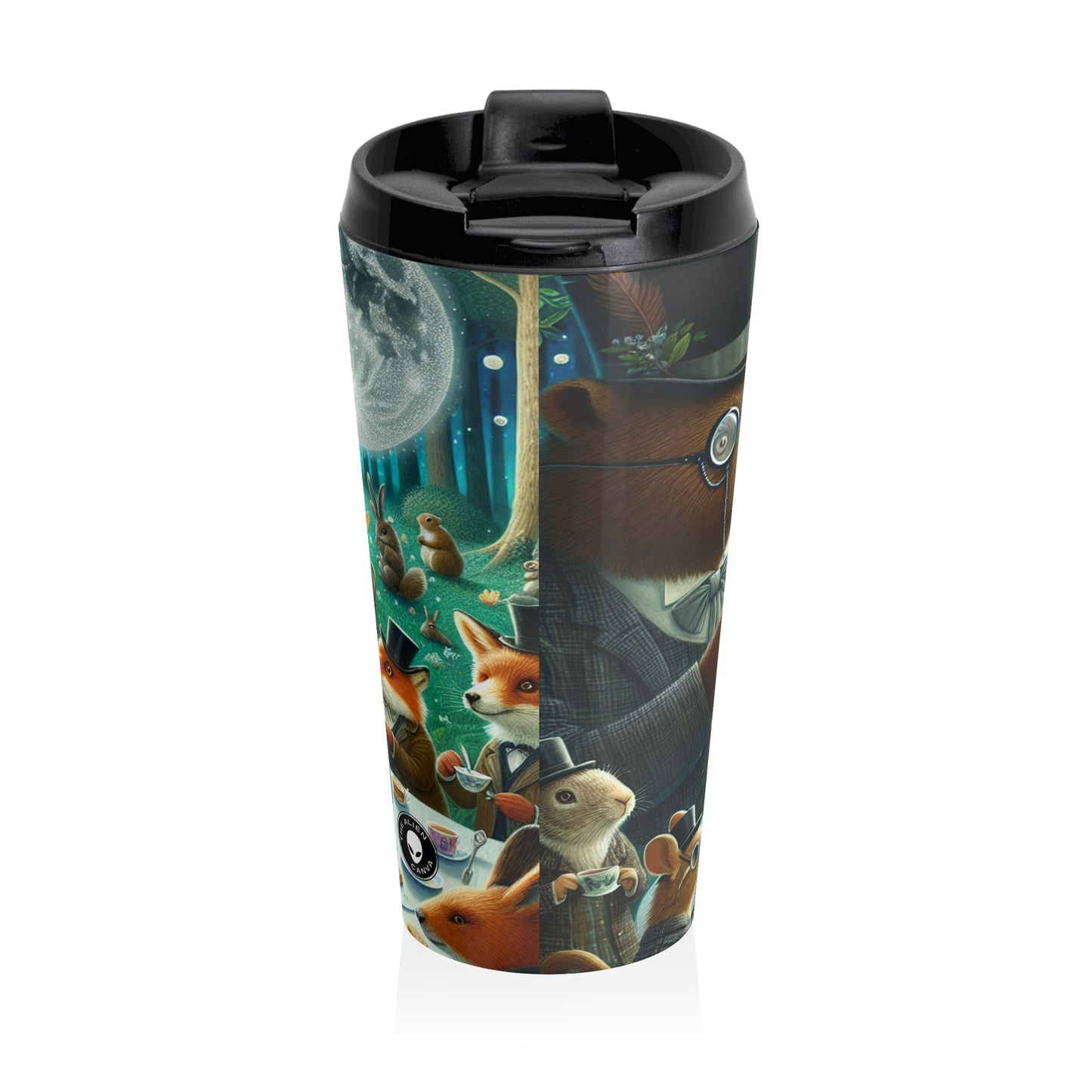 "Fiesta de té encantada a la luz de la luna en el bosque" - Taza de viaje de acero inoxidable The Alien