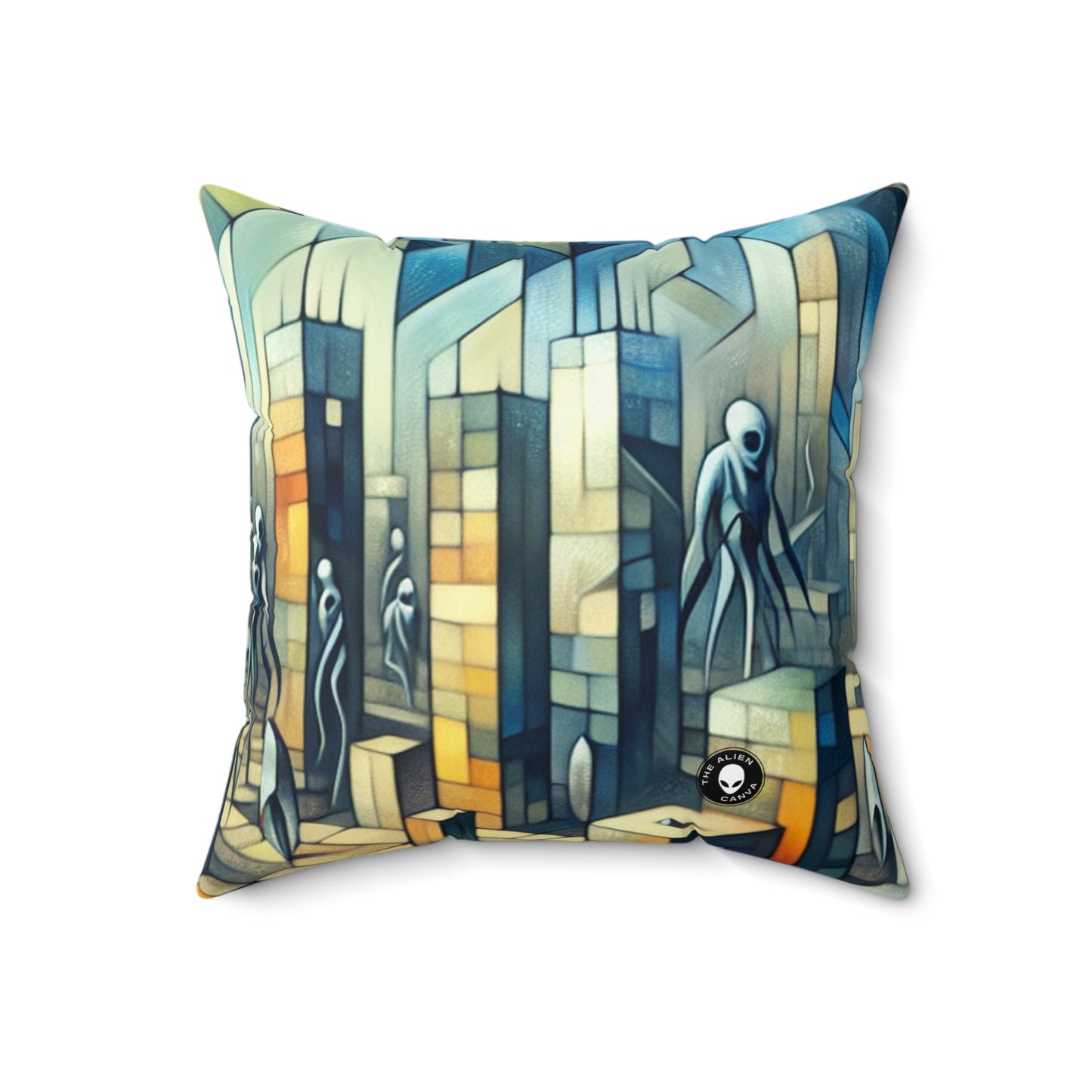 "Cubism in a Futuristic, Alien-Invaded City". - The Alien Spun Polyester Square Pillow A futristic city invaded by aliens in cubism art style