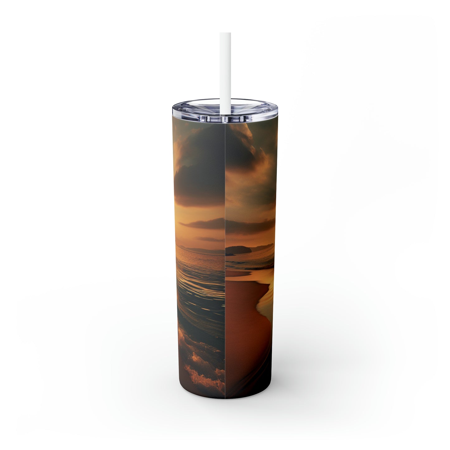 "Une promenade le long de la plage au coucher du soleil" - The Alien Maars® Skinny Tumbler avec paille 20oz Style photoréaliste