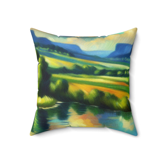 "Serenity at Sunset: An Impressionistic Meadow"- The Alien Spun Polyester Square Pillow Impressionism