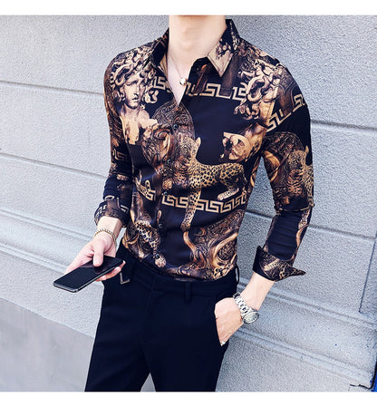 Camisa estampada de manga larga moda coreana slim fit 