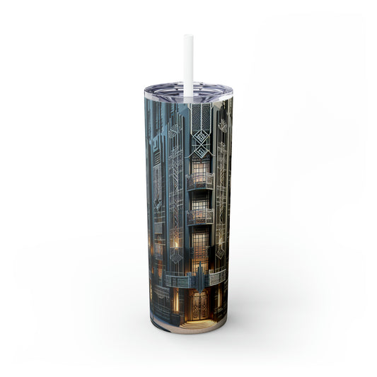 "Illuminating Elegance: An Art Deco City Street" - The Alien Maars® Skinny Tumbler with Straw 20oz Art Deco Style