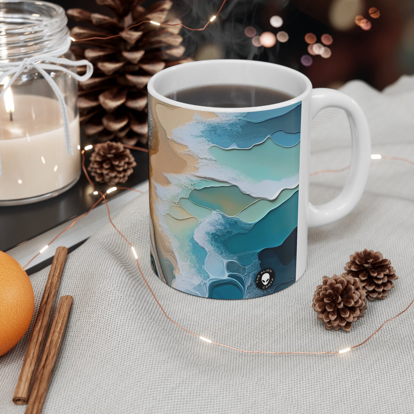 "Une vue sur la plage à travers un coquillage" - La tasse en céramique Alien 11oz Pouring acrylique