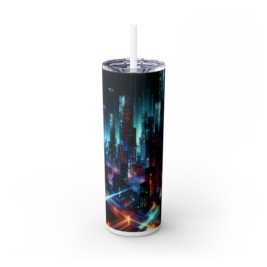 "Neon Skyline: A Futuristic Cityscape" - The Alien Maars® Skinny Tumbler with Straw 20oz