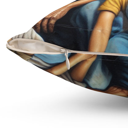 "Reaping Hope: A Migrant Family in the Garden" - The Alien Spun Polyester Square Pillow Social Realism Style