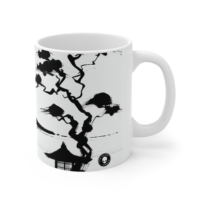 "Armonía del viento y el agua: una pintura con tinta zen" - La taza de cerámica alienígena Pintura con tinta zen de 11 oz