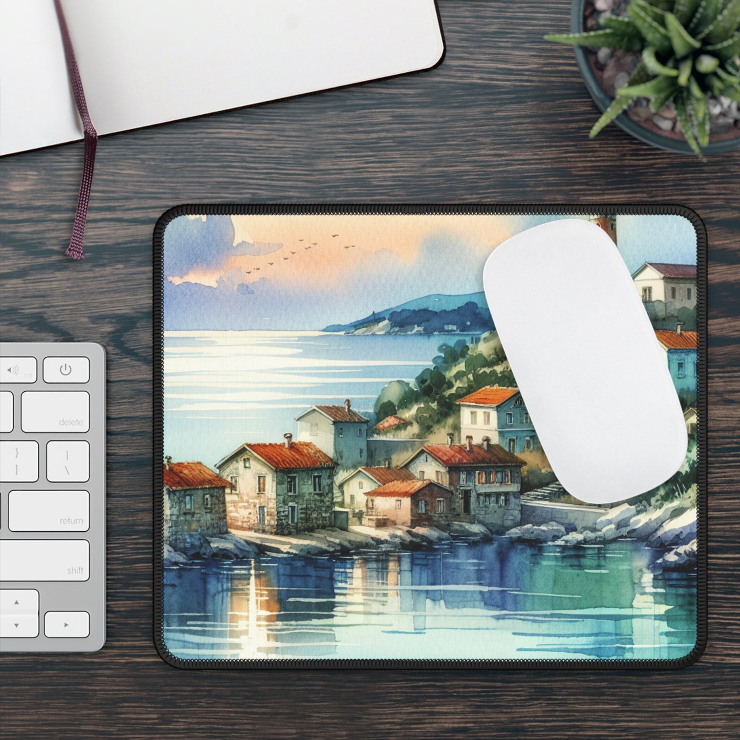 "Glimpse of a Seaside Haven" - The Alien Gaming Mouse Pad Estilo de pintura de acuarela