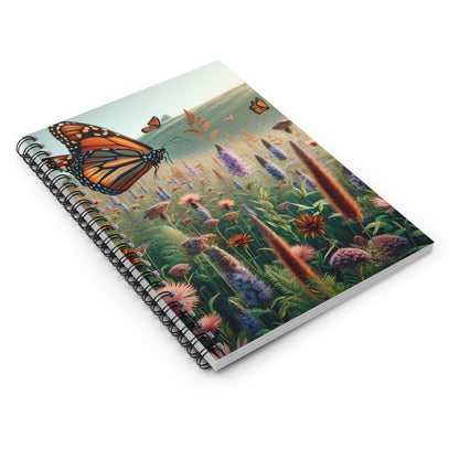 « Un monarque dans une prairie de fleurs sauvages » - The Alien Spiral Notebook (Ligne lignée) Style réalisme