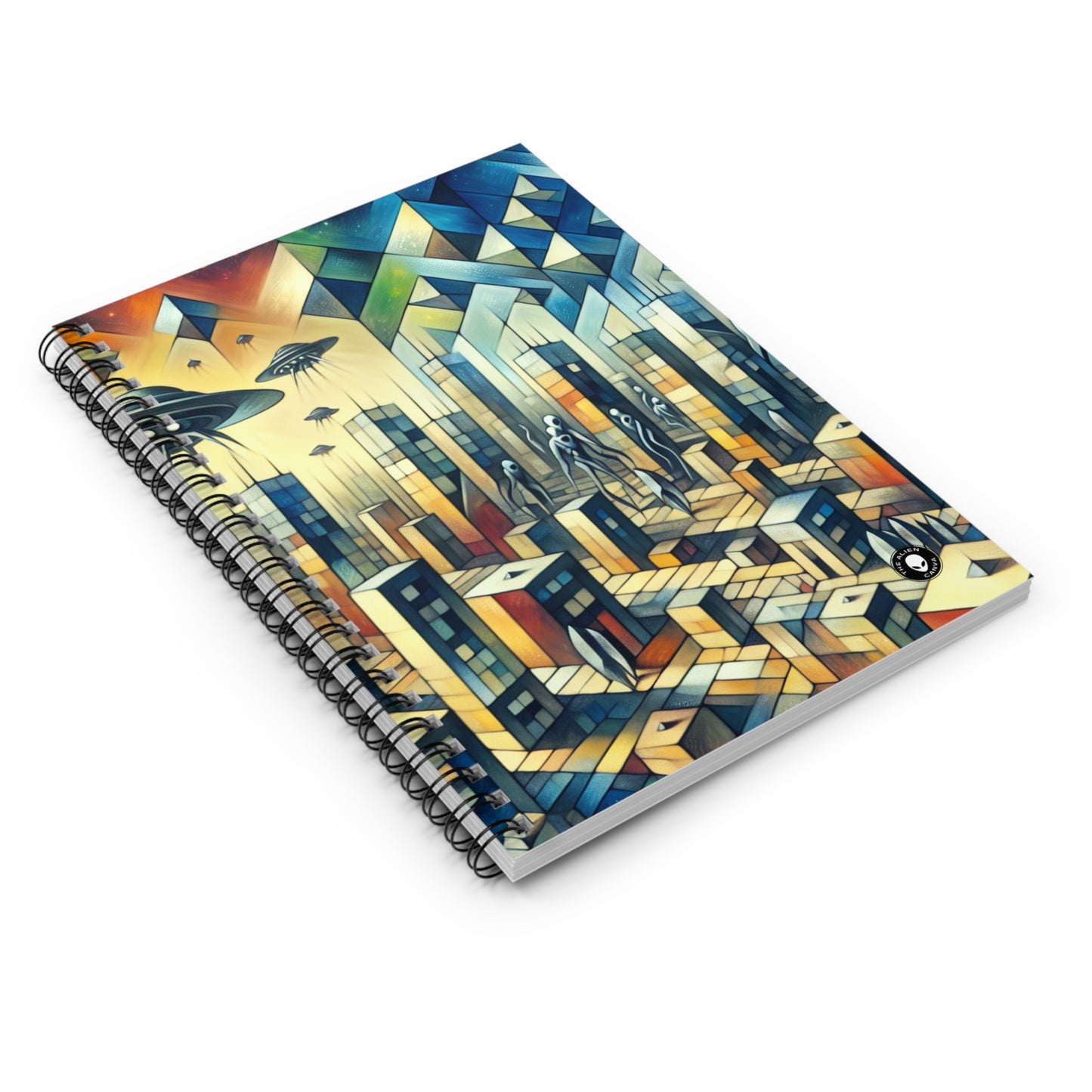 "Cubism in a Futuristic, Alien-Invaded City". - The Alien Spiral Notebook (Ruled Line) A futristic city invaded by aliens in cubism art style