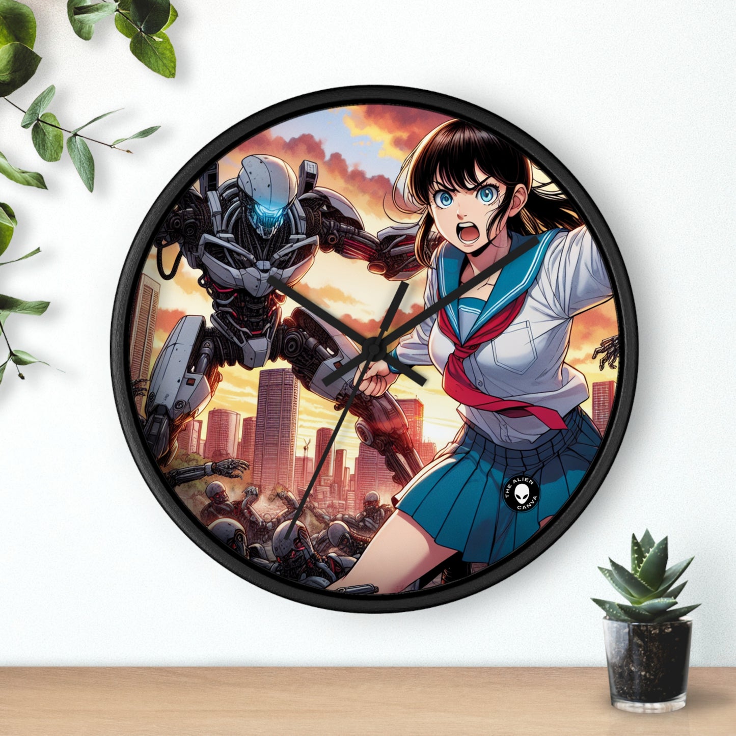 "Chica uniformada salva la ciudad de los invasores". - El reloj de pared alienígena Manga/Anime Art