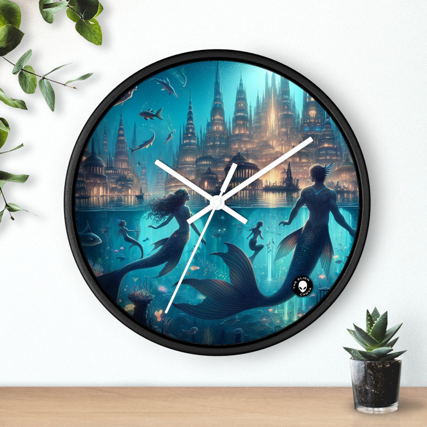 "Atlántida iluminada: una ciudad de criaturas marinas místicas" - El reloj de pared alienígena