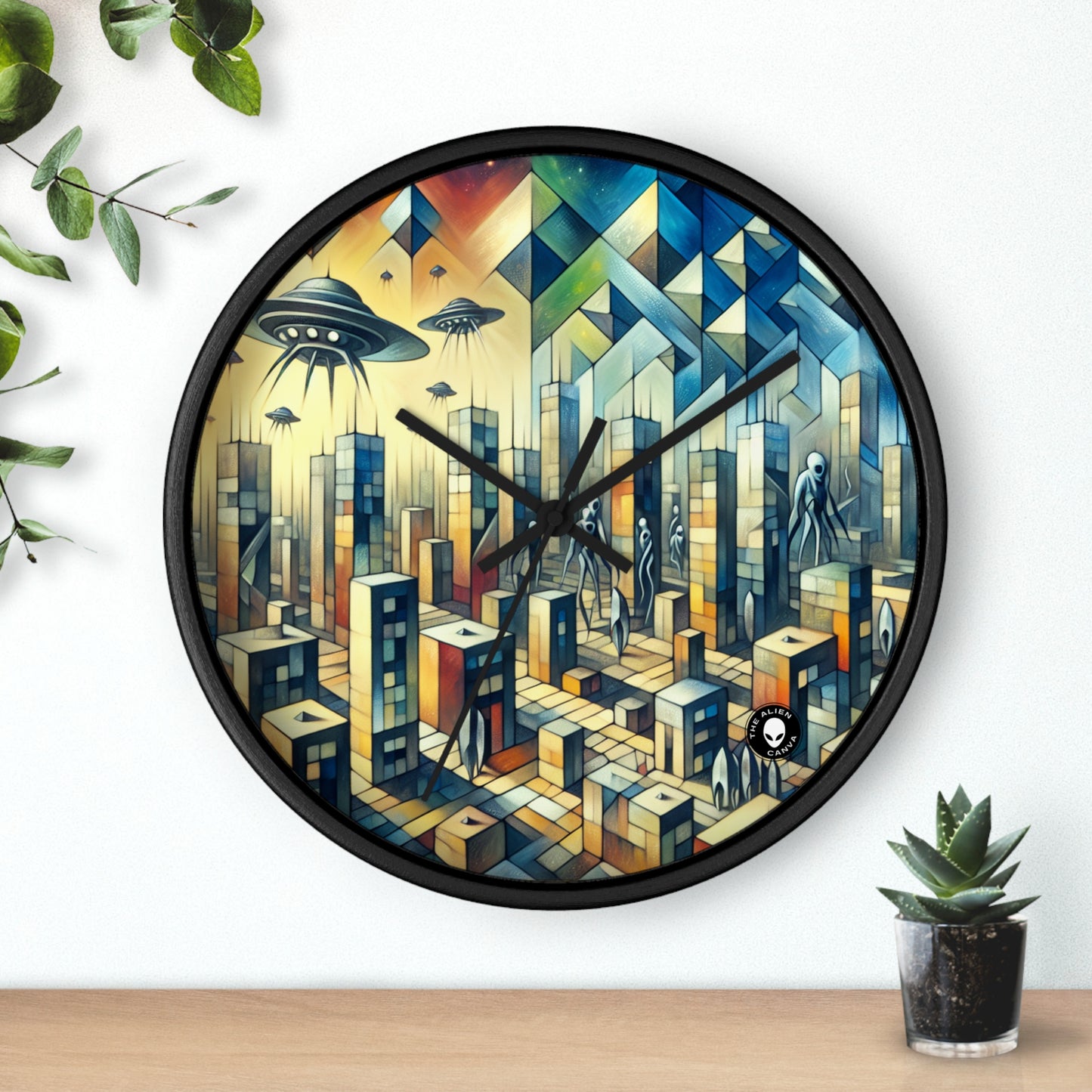 "Cubisme dans une ville futuriste envahie par des extraterrestres". - The Alien Wall Clock Une ville futuriste envahie par des extraterrestres dans un style artistique cubiste