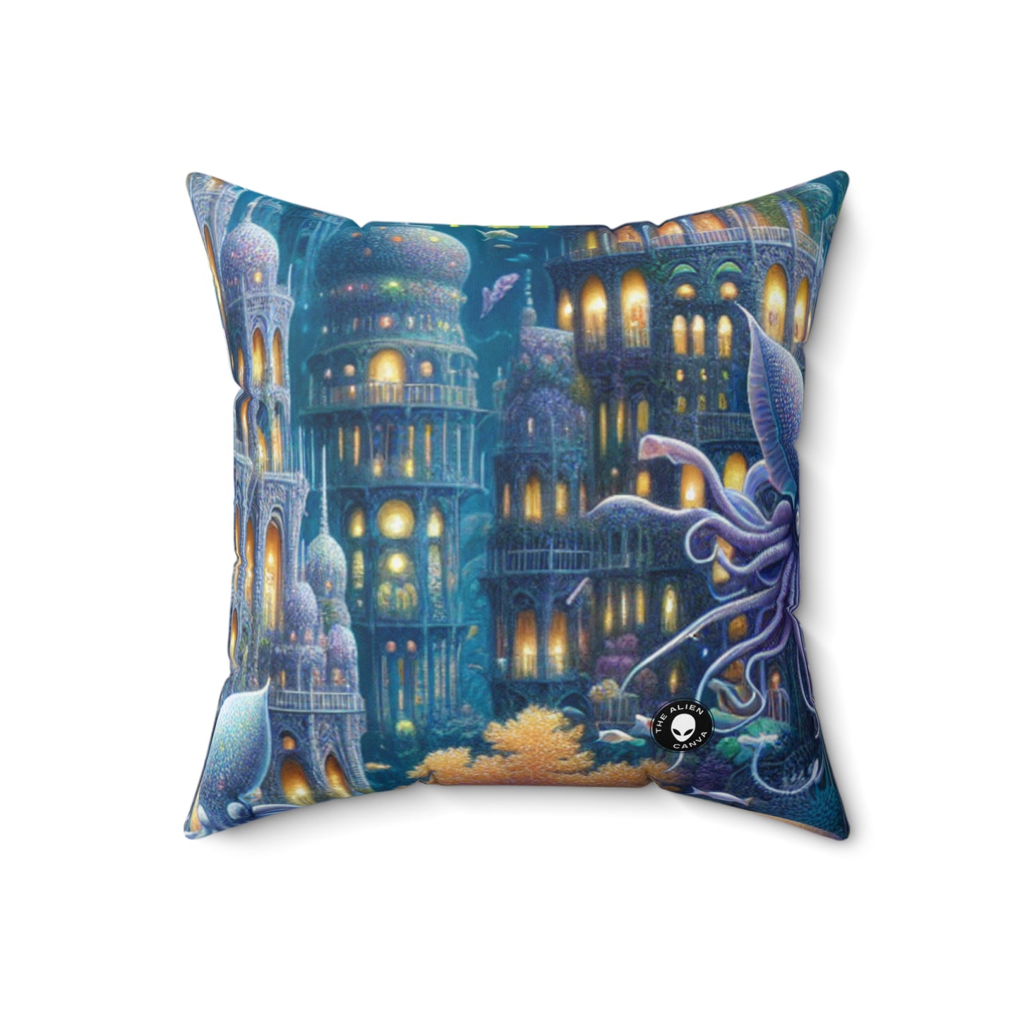 "Enchanting Atlantis: A Harmony of Sea Creatures"- The Alien Spun Polyester Square Pillow