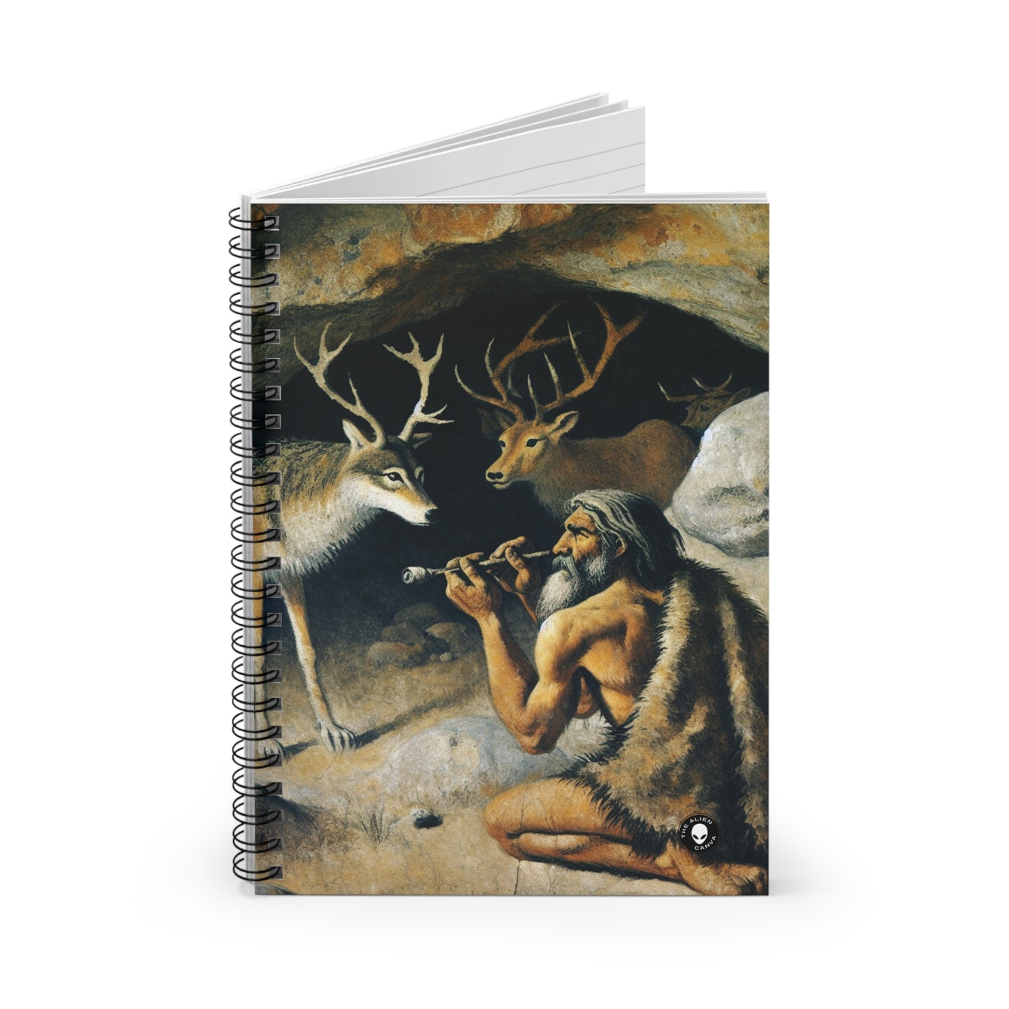 "Hunter and Wolf: In Pursuit of Prey." - The Alien Spiral Notebook (Ruled Line) Cave Painting