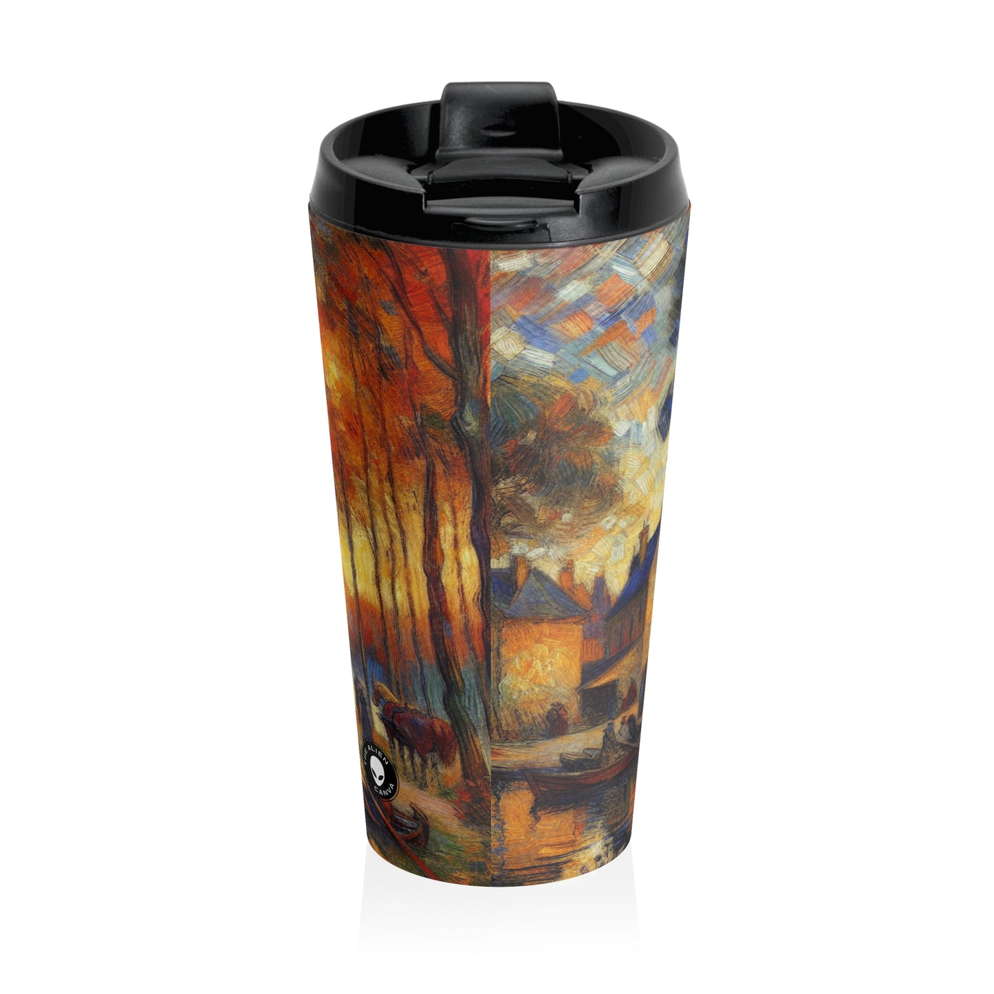 "Rainy Evening: A Post-Impressionist Cityscape" - The Alien Stainless Steel Travel Mug Post-Impressionism