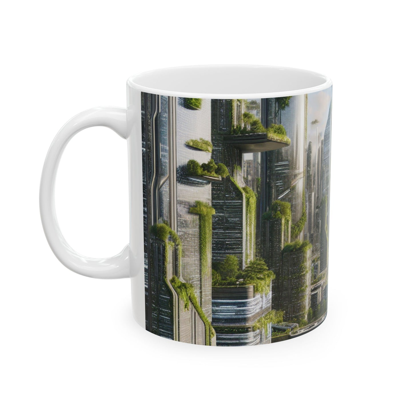 "La recuperación de la naturaleza: un paisaje urbano futurista" - Taza de cerámica alienígena de 11 oz