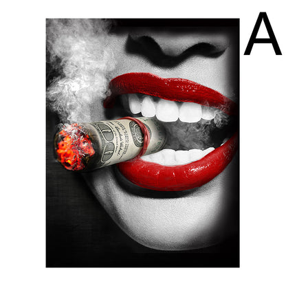 Wall Art Poster Red Lips Smoking Woman Clock Picture Canvas Painting