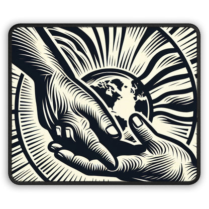 « Uniting Hands, Uniting Nations » - Le tapis de souris de jeu Alien, style d'impression en gravure sur bois