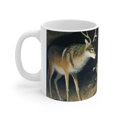 "Chasseur et loup : à la poursuite d'une proie." - La tasse en céramique Alien 11oz Peinture rupestre