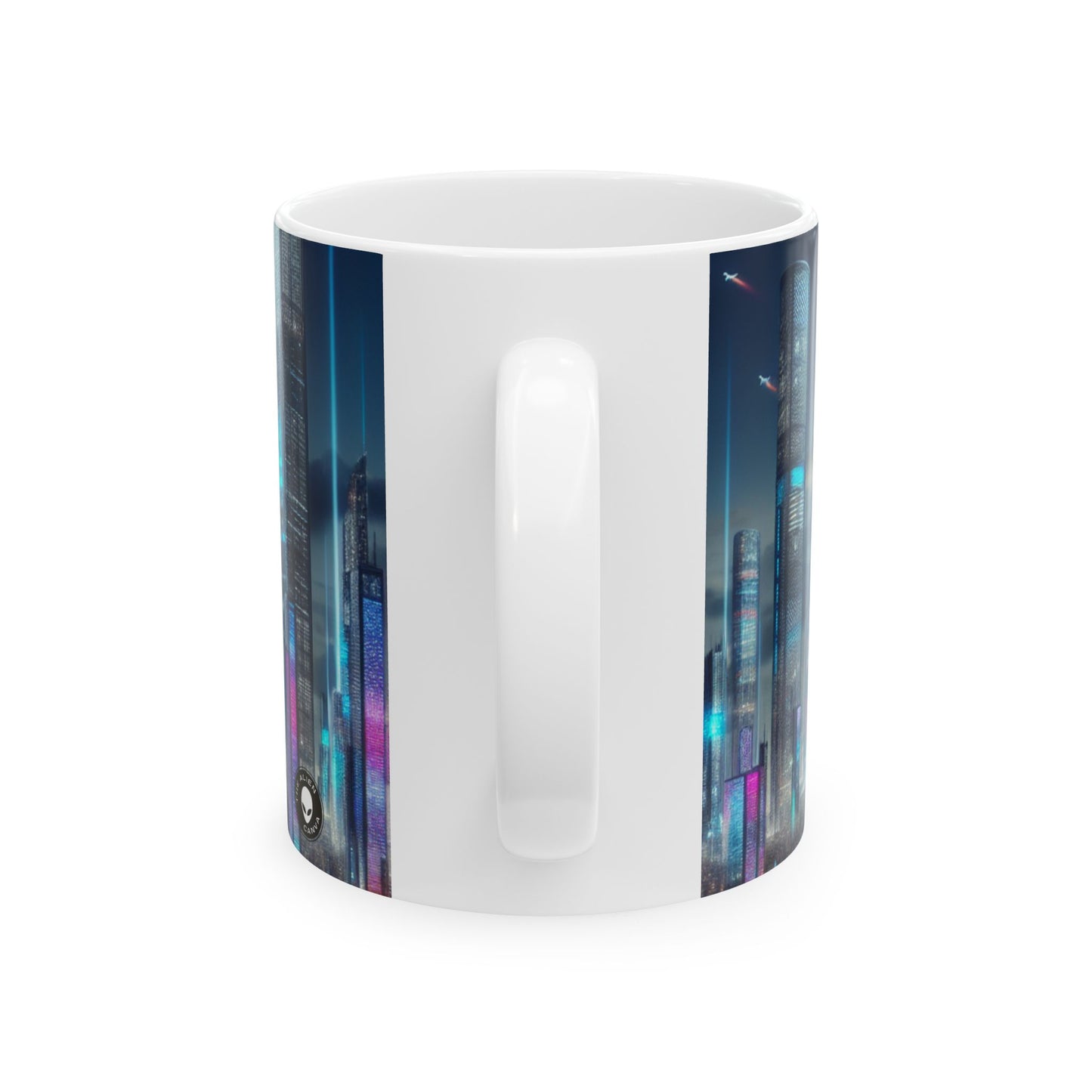 "Paisaje urbano del futuro: un horizonte de coches voladores y luces de neón" - Taza de cerámica The Alien de 11 oz