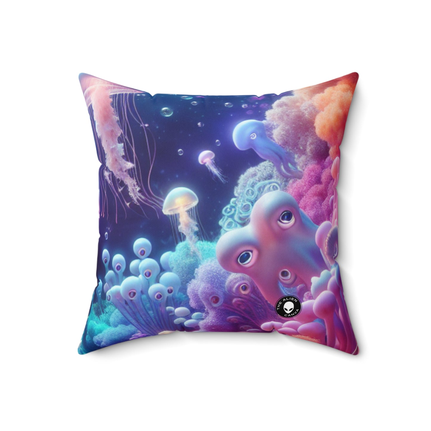 Enchanting Underwater Realm: Glowing Jellyfish and Curious Octopus- The Alien Spun Polyester Square Pillow