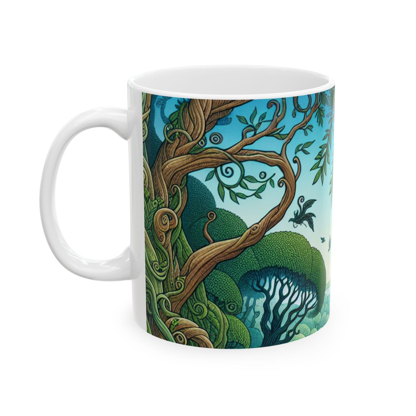 "Bosque encantado: donde los árboles bailan y las criaturas deambulan" - Taza de cerámica The Alien de 11 oz