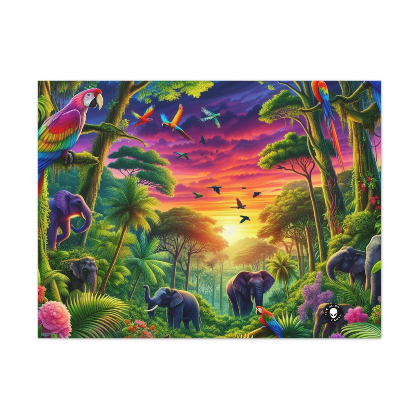 « Coucher de soleil dans la nature : une aventure dans la jungle arc-en-ciel » - The Alien Canva