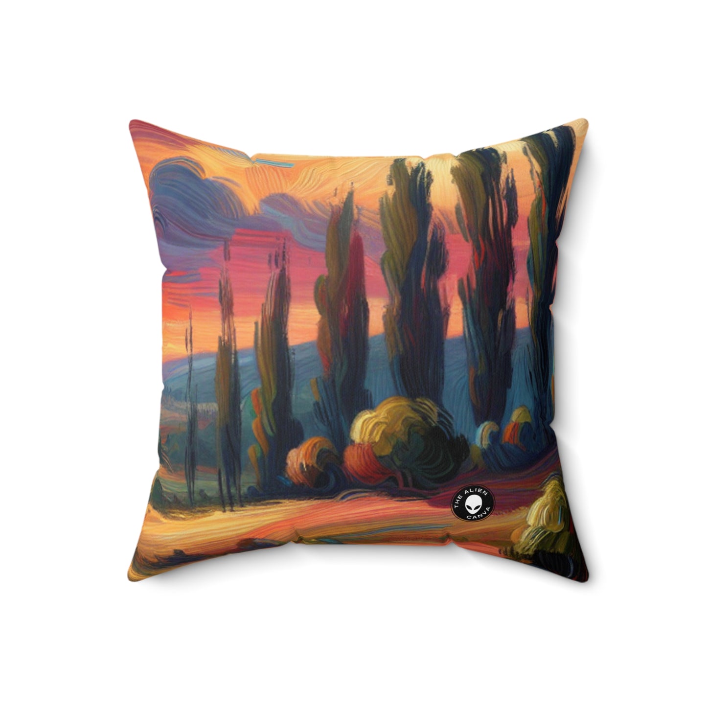 "Harmonious Vistas: A Post-Impressionist Celebration of Nature and Rural Life"- The Alien Spun Polyester Square Pillow Post-Impressionism