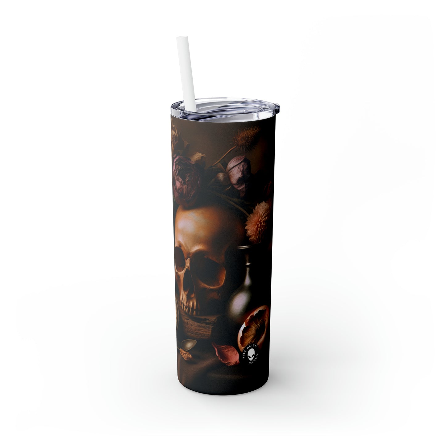 "Fleeting Beauty: A Vibrant Vanitas Painting Depicting the Passage of Time and Transient Nature of Life" - The Alien Maars® Skinny Tumbler with Straw 20oz Vanitas Painting