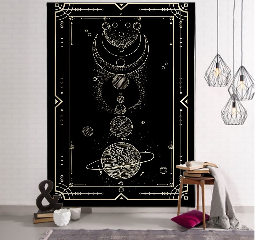 Witchcraft Tarot Tapestry Wall Hanging Black Khaki Sun Moon Star Universe Geometric Pattern Dorm Home