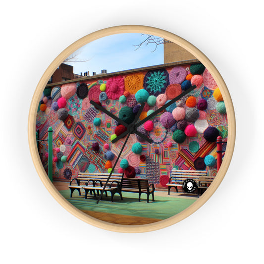 "Yarn of Joy: A Colorful Outdoor Mural" - L'horloge murale extraterrestre Yarn Bombing (Fiber Art)