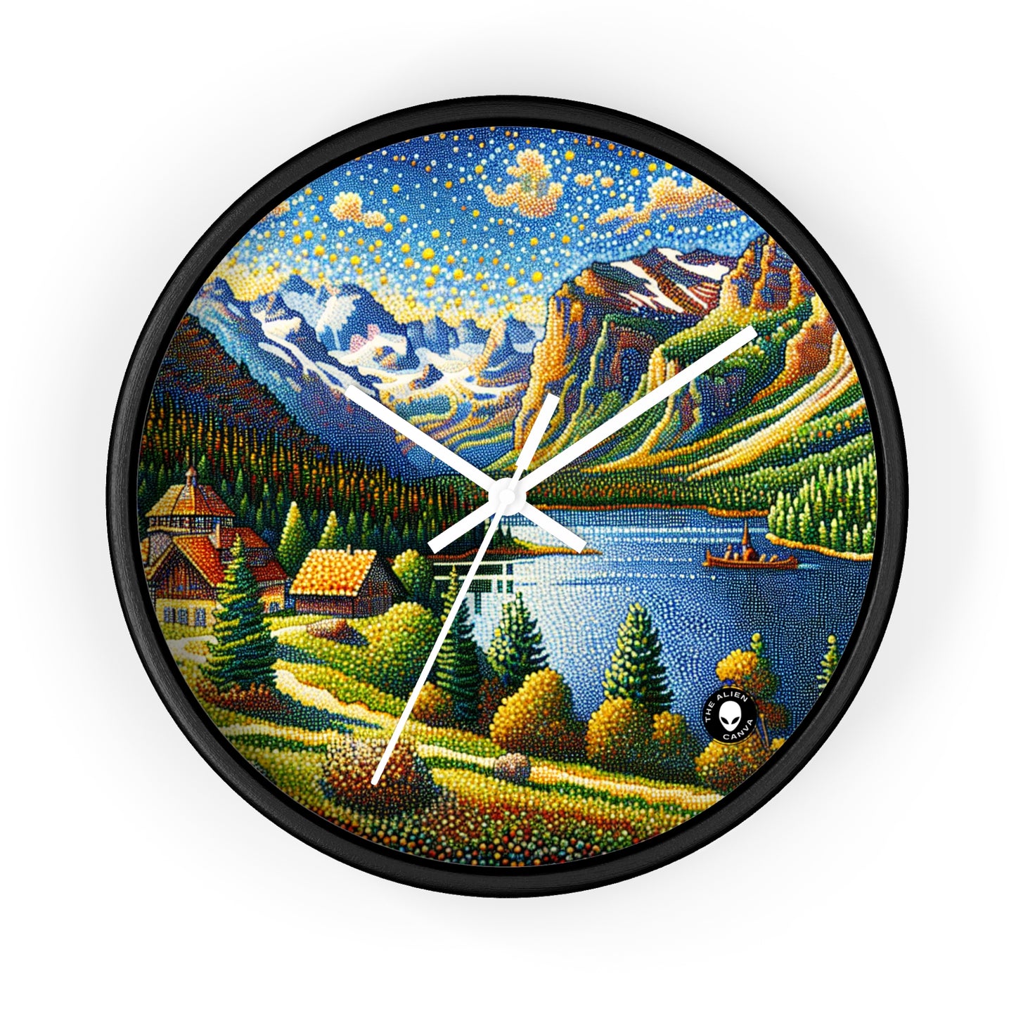 "Coucher de soleil tranquille : un chef-d'œuvre pointilliste d'une campagne sereine" - The Alien Wall Clock Pointillism