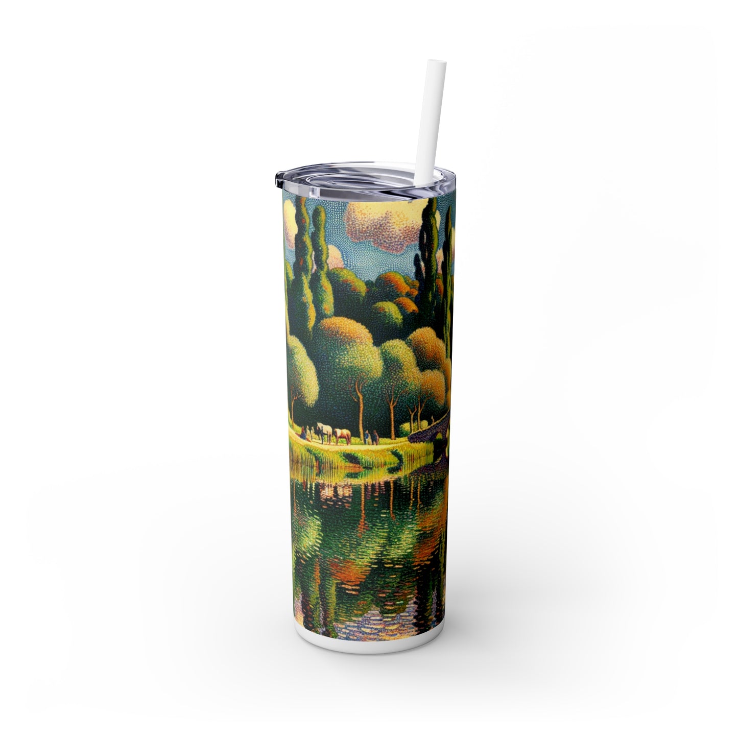 "Tranquil Sunset: A Pointillism Landscape" - The Alien Maars® Skinny Tumbler with Straw 20oz Pointillism